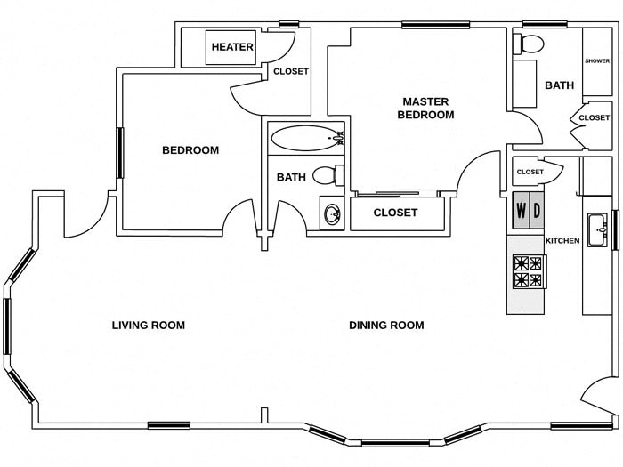 Floor plan for 2 beds, 2 baths, 1000 sqft